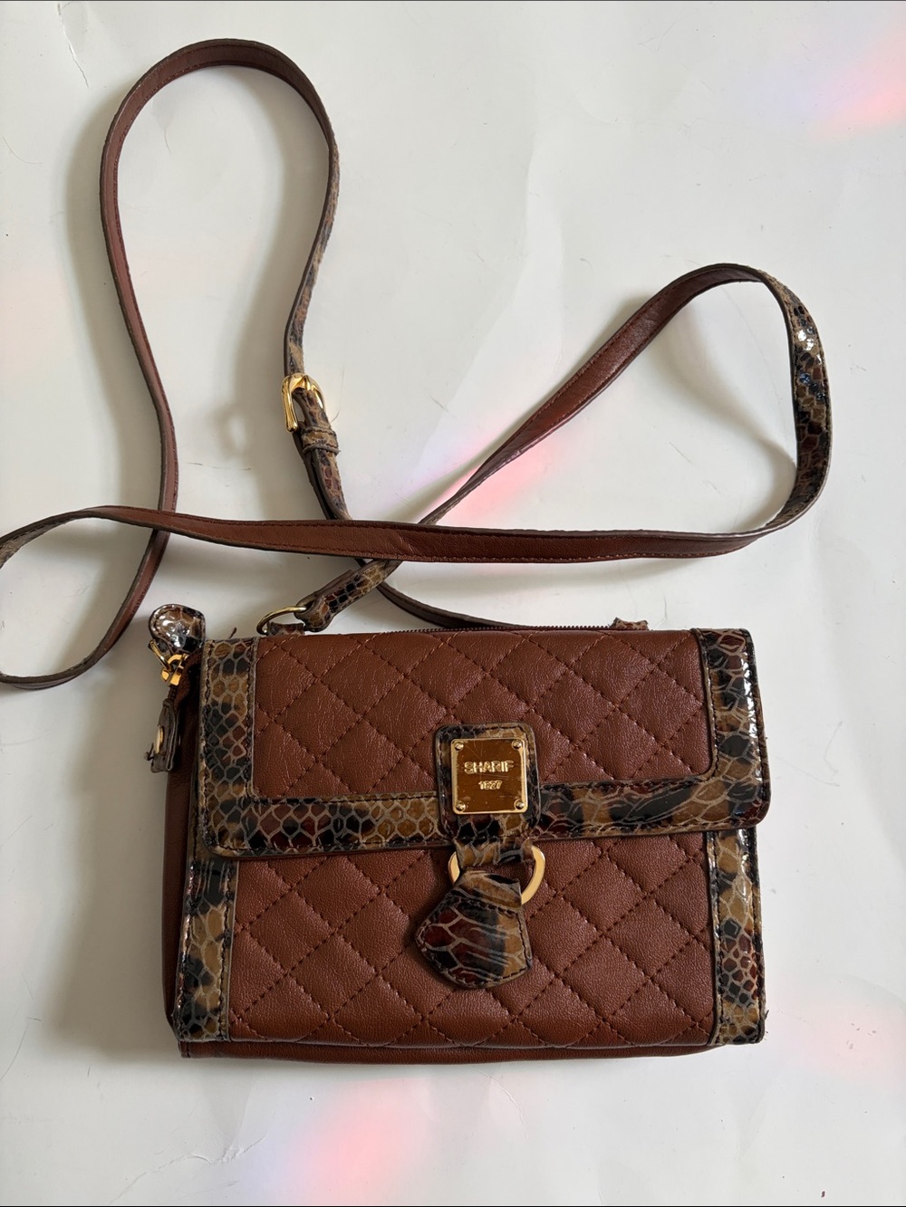 Sharif Brown Quilted Crossbody with Snakeskin-Trim